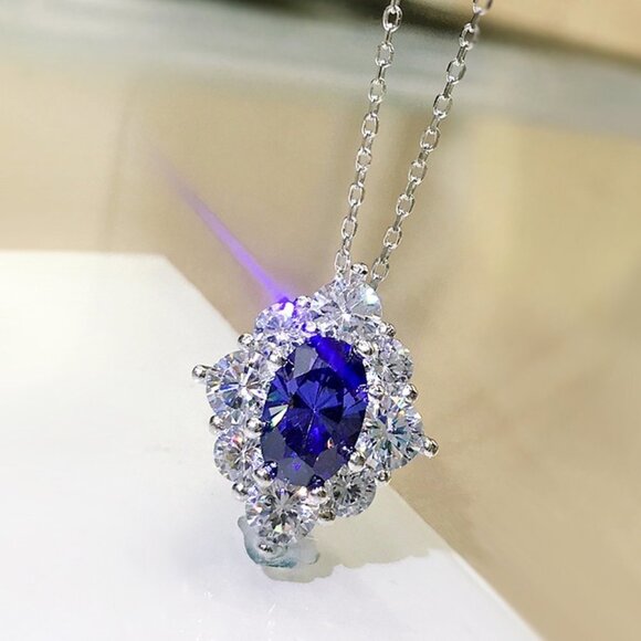 🔥 Shinny Blue Stone Jewelry Sliver Coating CZ Necklace for Women, HA4553 - Picture 1 of 6